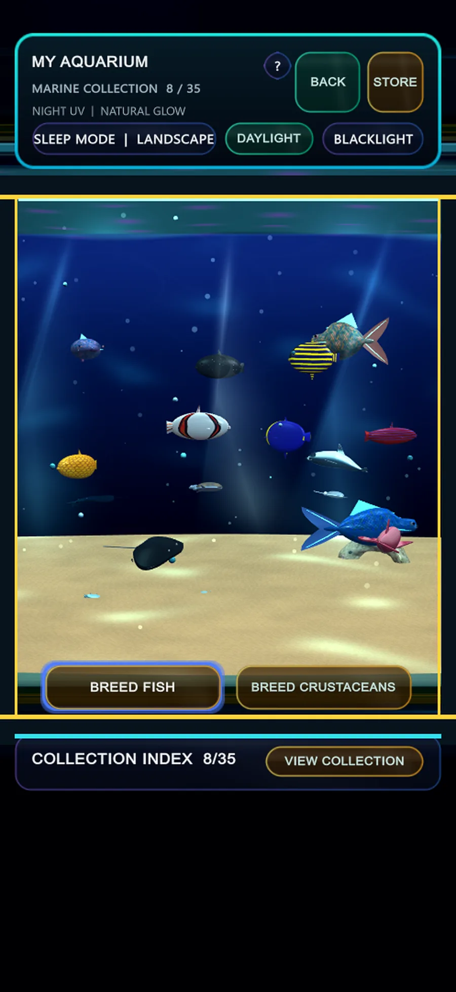 Real WBC gameplay showing a live aquarium